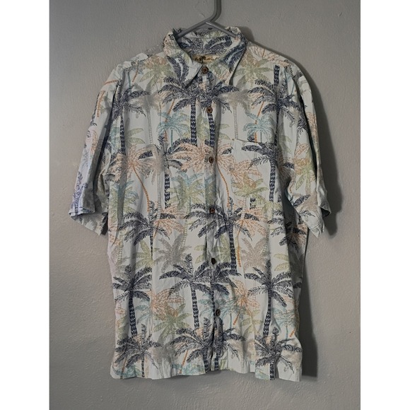 Joe Marlin Tropical Palm Tree Hawaiian Shirt Mens L Blue Button Up Short Sleeve - Picture 1 of 12